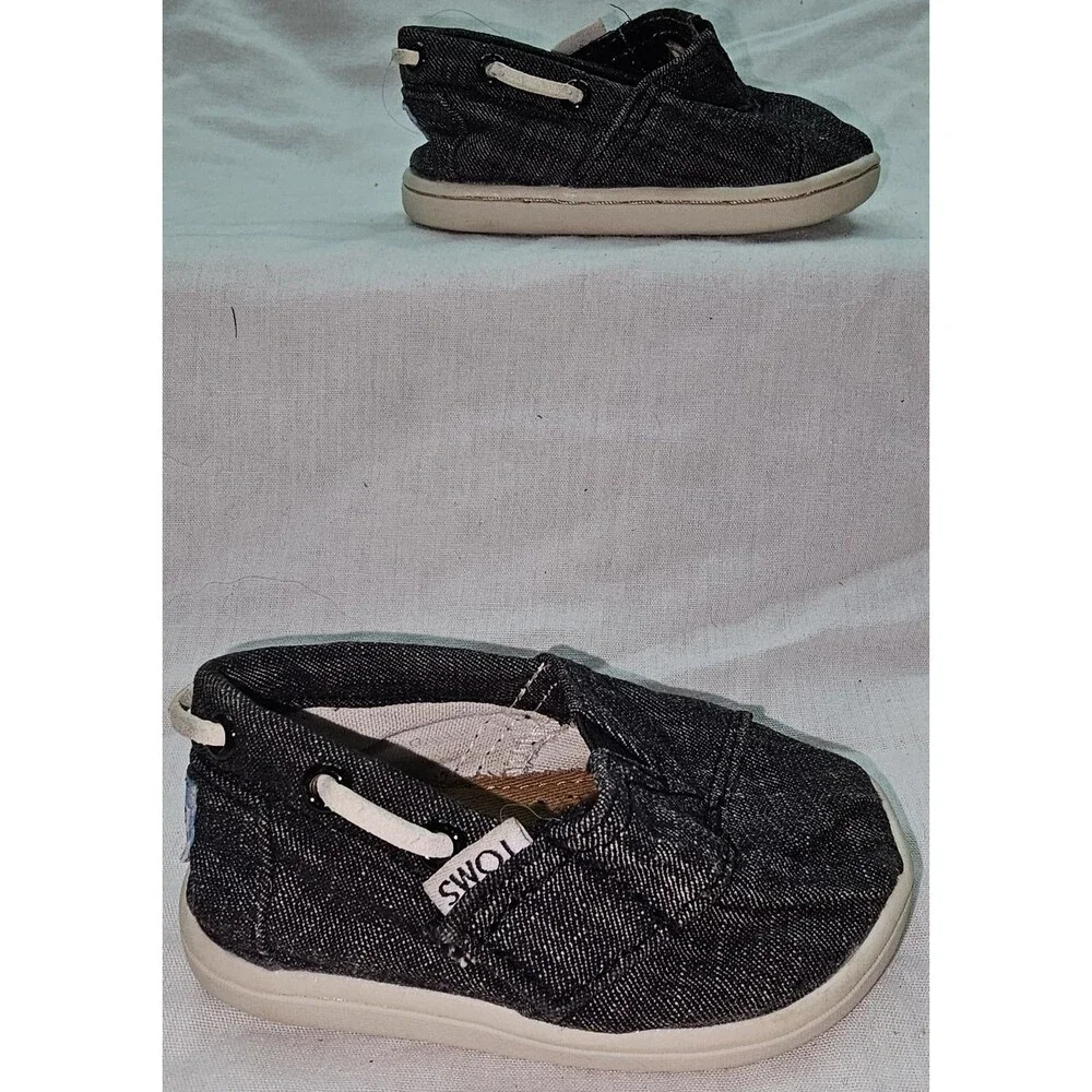 TOMS Kids Slip-On Shoes – Size 4, Black Denim with White Soles